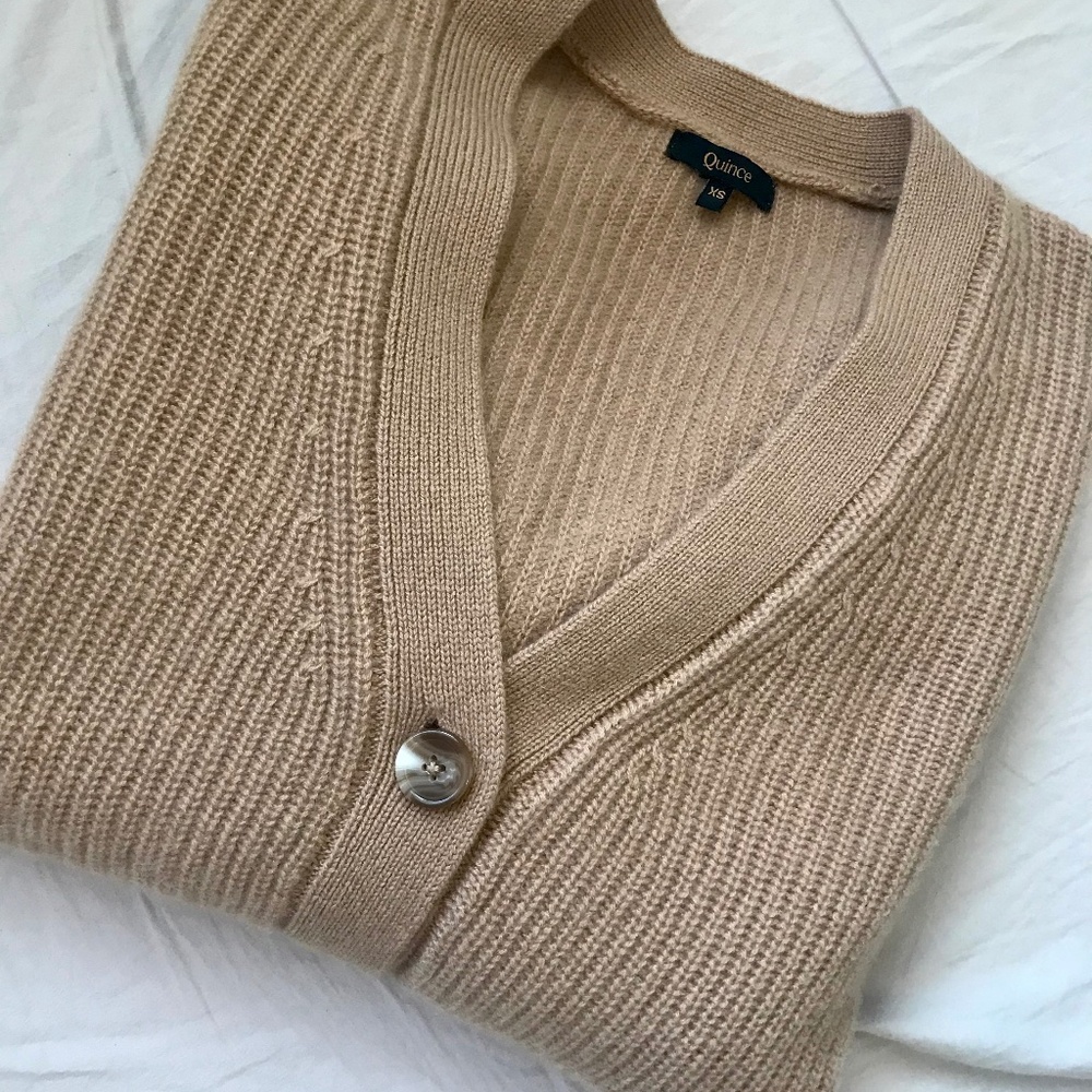 Quince Cashmere Oversized Boyfriend Cardigan Sweater XS Camel Excellent
